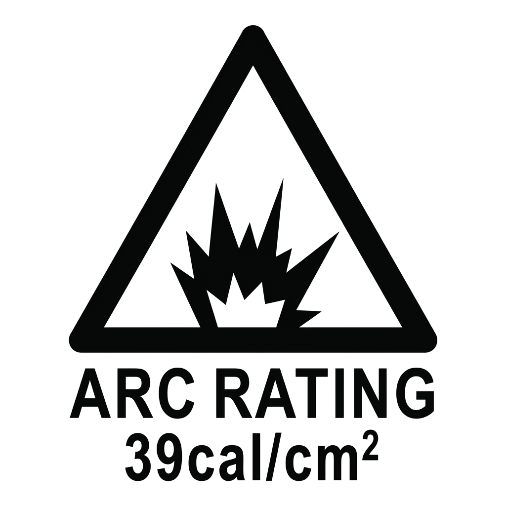 Arc rating label: triangle with arc flash symbol, ARC RATING and example cal/cm&sup2; value