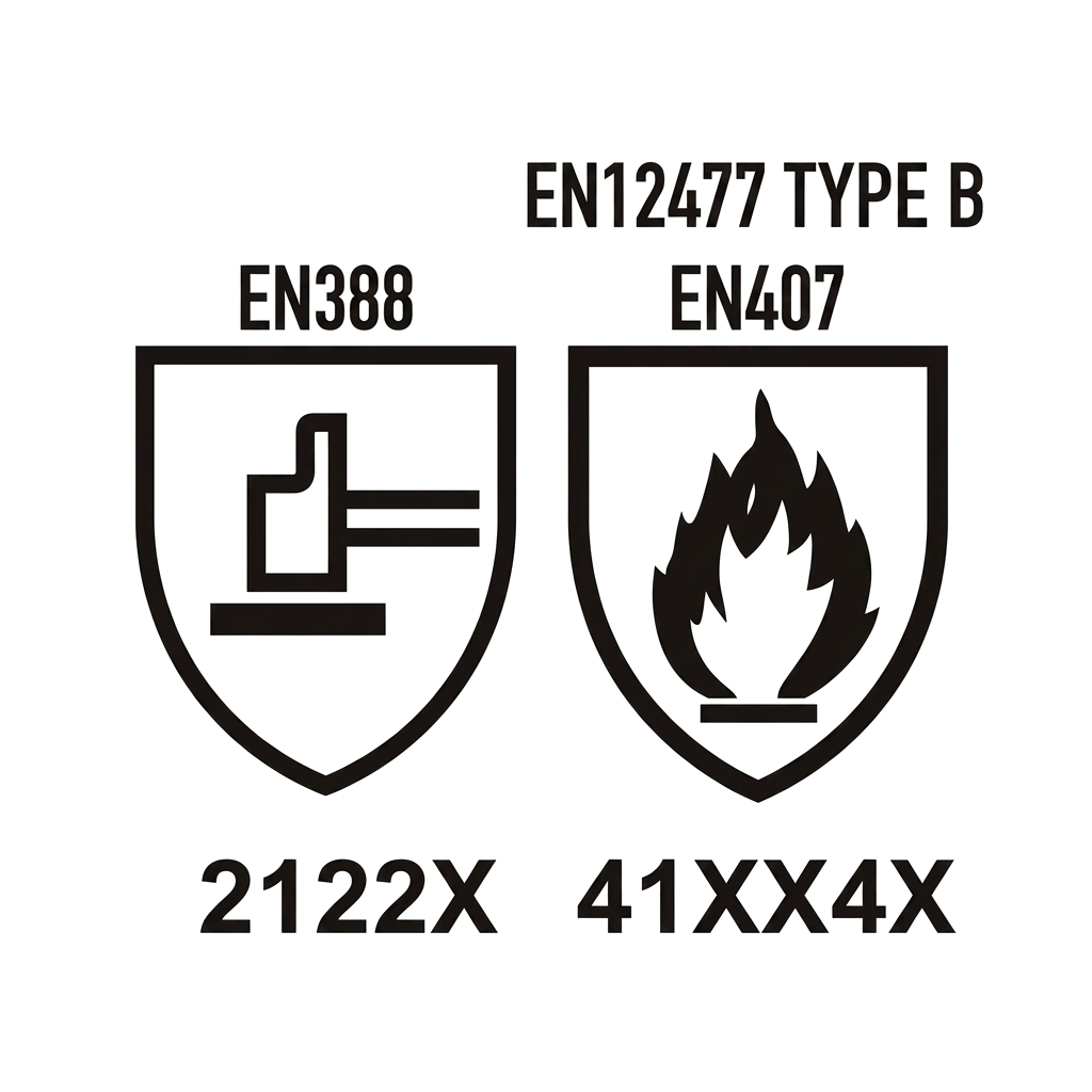 Welding glove marking example: EN 388 mechanical pictogram with performance code; EN 12477 Type B with EN 407 thermal pictogram and performance code