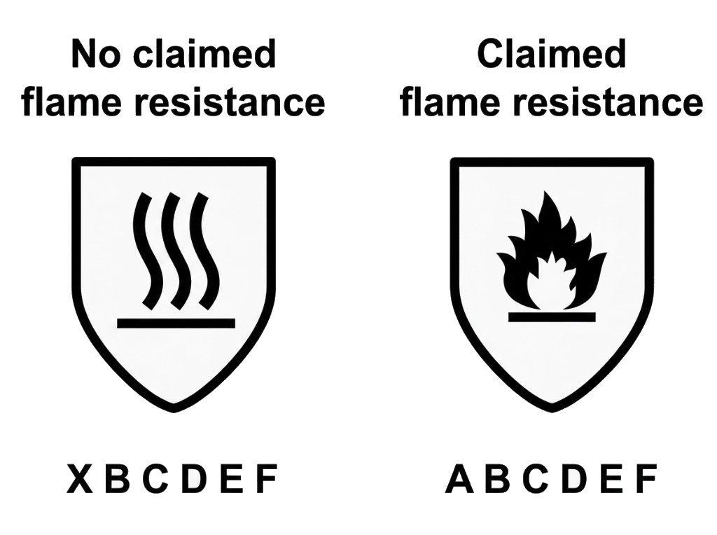 EN 407: claimed flame resistance and no claimed flame resistance pictograms